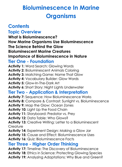 Bioluminescence In Marine Organisms Worksheet Activity Booklet