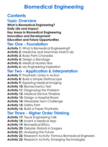 Biomedical Engineering Worksheet Activity Booklet