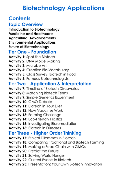 Biotechnology Applications Worksheet Activity Booklet