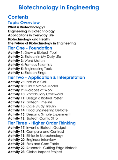 Biotechnology In Engineering Worksheet Activity Booklet