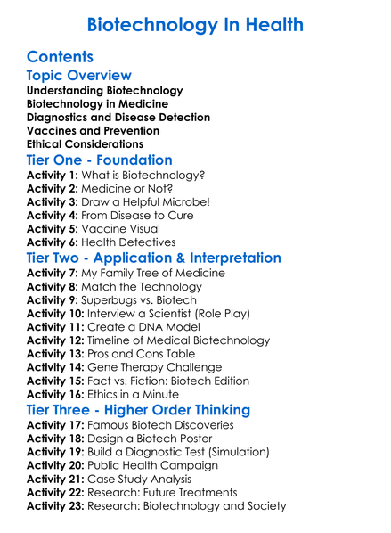 Biotechnology In Health Worksheet Activity Booklet
