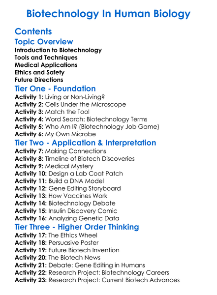 Biotechnology In Human Biology Worksheet Activity Booklet