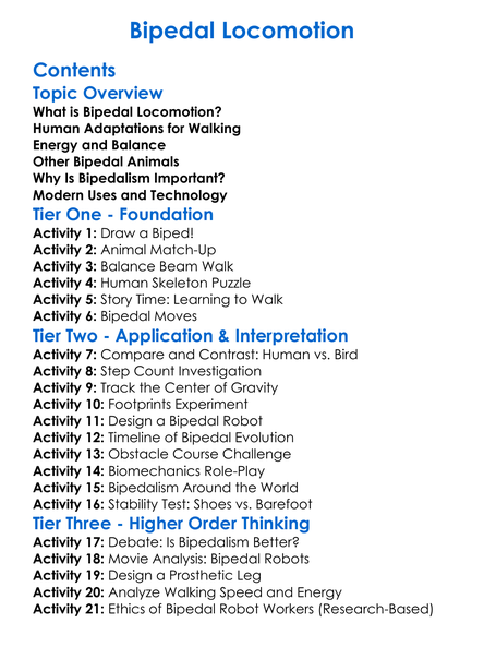 Bipedal Locomotion Worksheet Activity Booklet