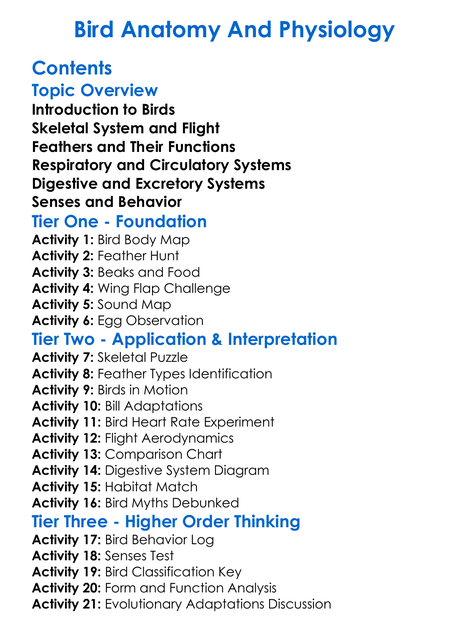 Bird Anatomy And Physiology Worksheet Activity Booklet