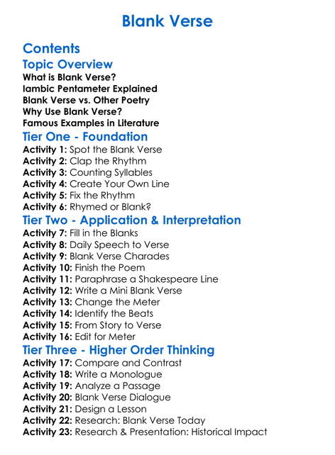 Blank Verse Worksheet Activity Booklet
