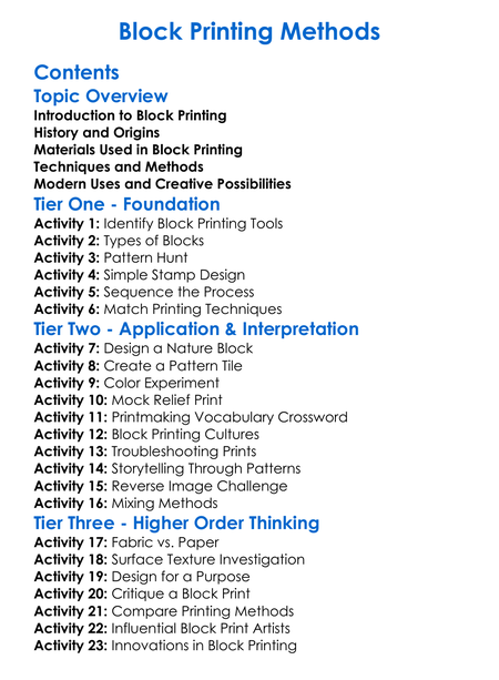 Block Printing Methods Worksheet Activity Booklet