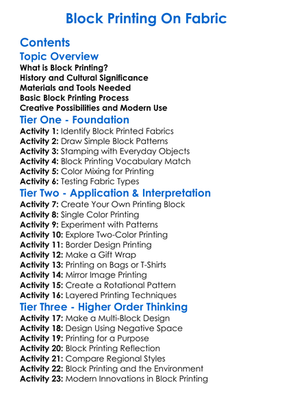 Block Printing On Fabric Worksheet Activity Booklet