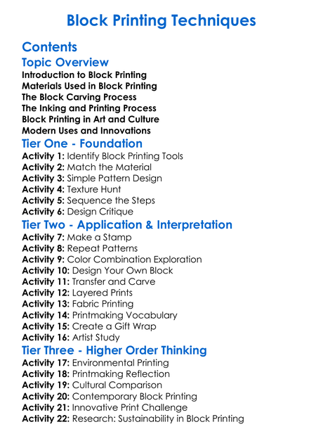 Block Printing Techniques Worksheet Activity Booklet