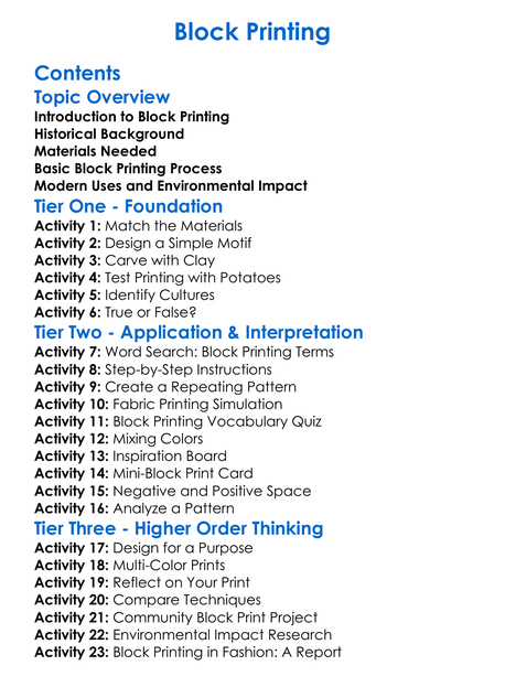 Block Printing Worksheet Activity Booklet