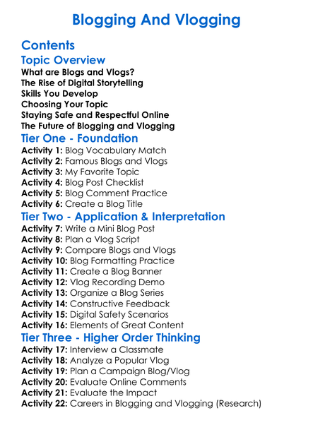 Blogging And Vlogging Worksheet Activity Booklet