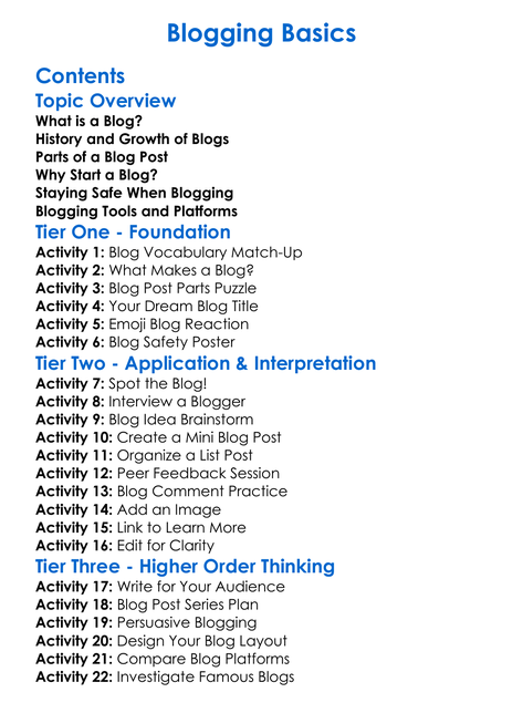 Blogging Basics Worksheet Activity Booklet