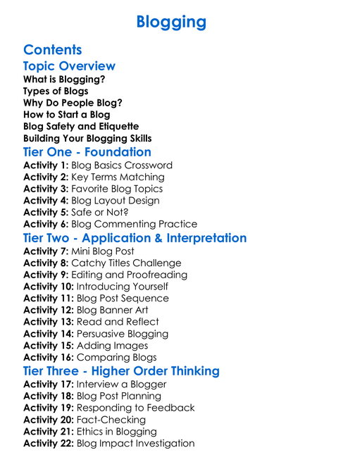 Blogging Worksheet Activity Booklet