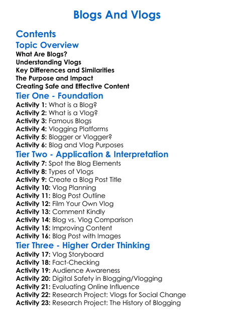 Blogs And Vlogs Worksheet Activity Booklet