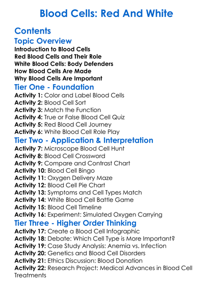 Blood Cells Red And White Worksheet Activity Booklet