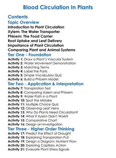 Blood Circulation In Plants Worksheet Activity Booklet