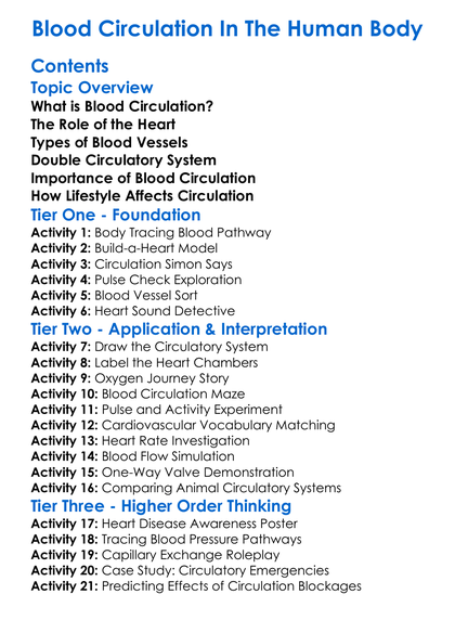 Blood Circulation In The Human Body Worksheet Activity Booklet