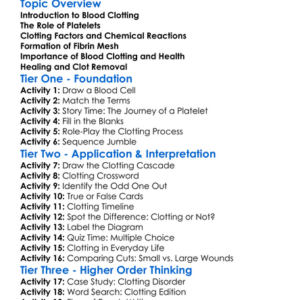Blood Clotting Mechanism Worksheet Activity Booklet