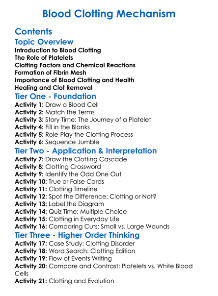 Blood Clotting Mechanism Worksheet Activity Booklet