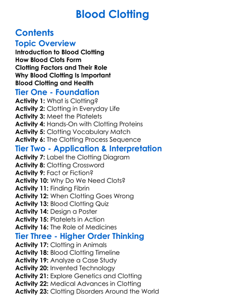 Blood Clotting Worksheet Activity Booklet