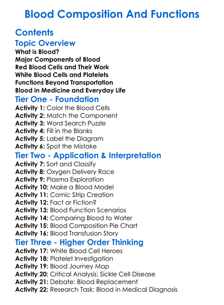 Blood Composition And Functions Worksheet Activity Booklet