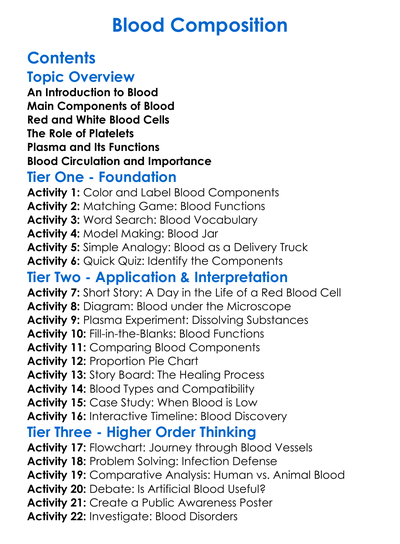 Blood Composition Worksheet Activity Booklet