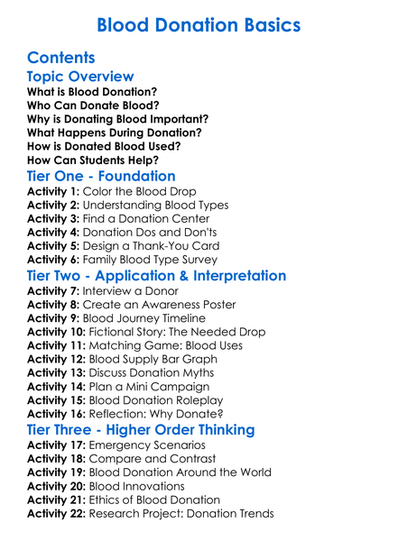 Blood Donation Basics Worksheet Activity Booklet