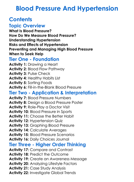 Blood Pressure And Hypertension Worksheet Activity Booklet