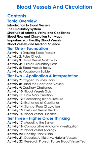 Blood Vessels And Circulation Worksheet Activity Booklet