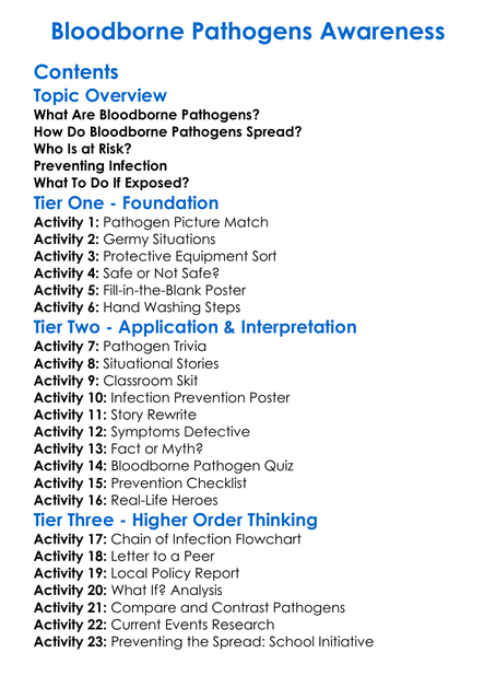 Bloodborne Pathogens Awareness Worksheet Activity Booklet