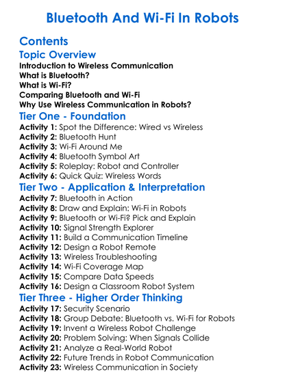 Bluetooth And Wi-Fi In Robots Worksheet Activity Booklet
