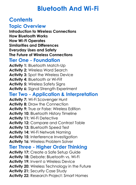 Bluetooth And Wi-Fi Worksheet Activity Booklet