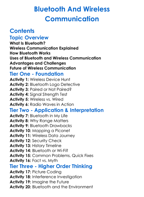 Bluetooth And Wireless Communication Worksheet Activity Booklet