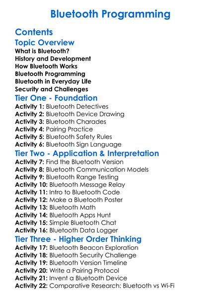 Bluetooth Programming Worksheet Activity Booklet