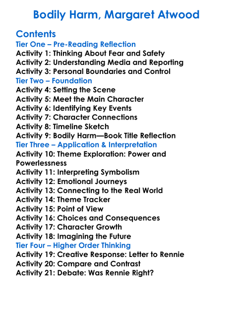 Bodily Harm Margaret Atwood Worksheet Activity Booklet