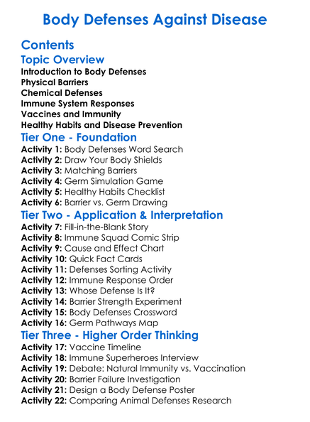 Body Defenses Against Disease Worksheet Activity Booklet