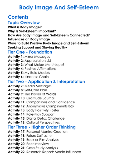 Body Image And Self-Esteem Worksheet Activity Booklet