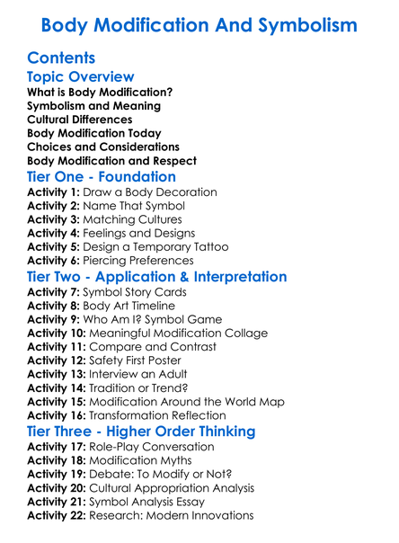 Body Modification And Symbolism Worksheet Activity Booklet