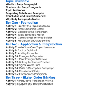 Body Paragraph Development Worksheet Activity Booklet