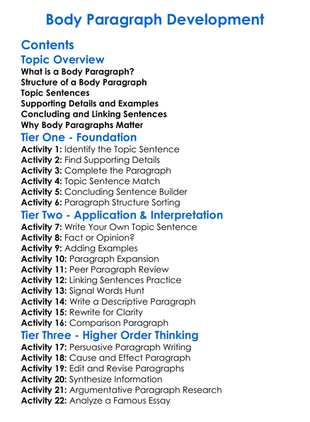 Body Paragraph Development Worksheet Activity Booklet