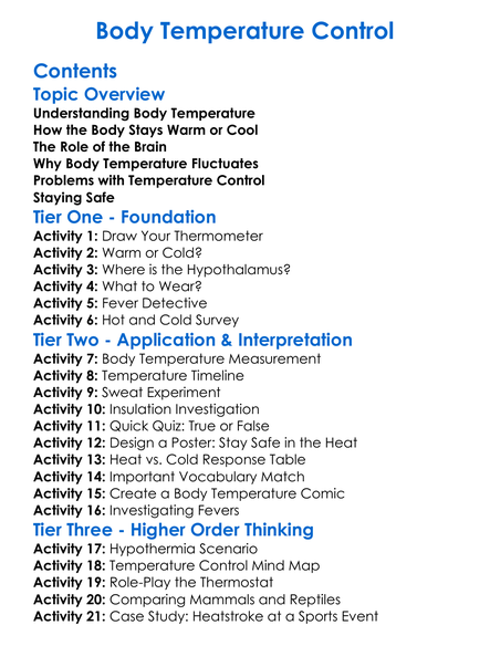 Body Temperature Control Worksheet Activity Booklet
