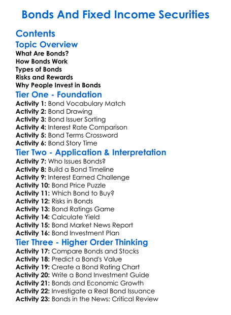 Bonds And Fixed Income Securities Worksheet Activity Booklet
