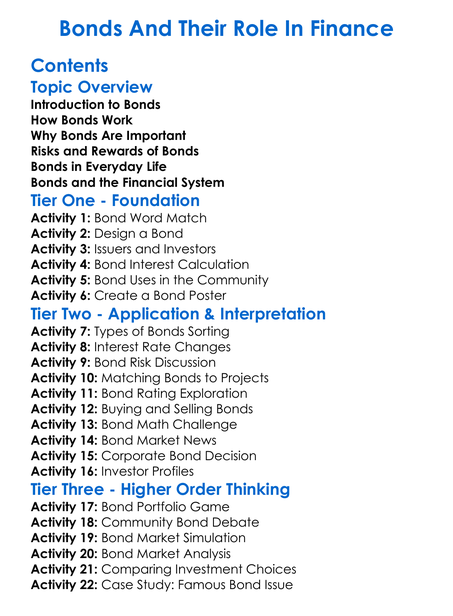 Bonds And Their Role In Finance Worksheet Activity Booklet