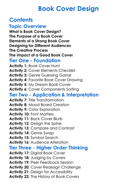Book Cover Design Worksheet Activity Booklet
