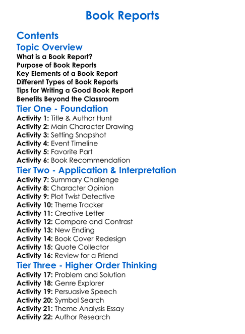 Book Reports Worksheet Activity Booklet