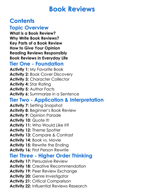Book Reviews Worksheet Activity Booklet