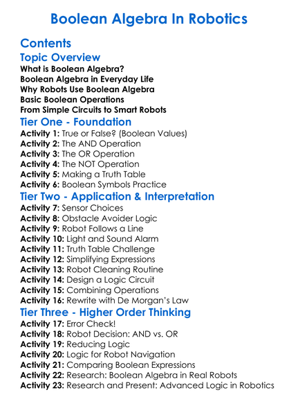 Boolean Algebra In Robotics Worksheet Activity Booklet