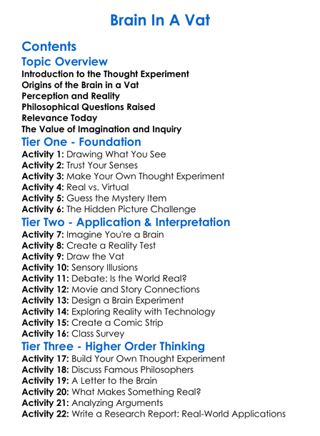 Brain In A Vat Worksheet Activity Booklet