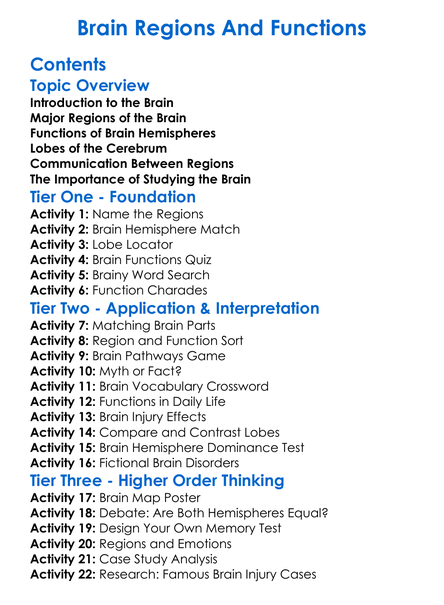 Brain Regions And Functions Worksheet Activity Booklet
