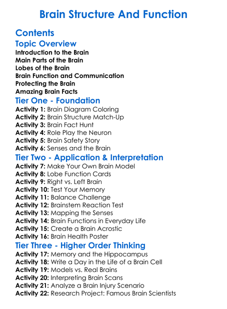 Brain Structure And Function Worksheet Activity Booklet