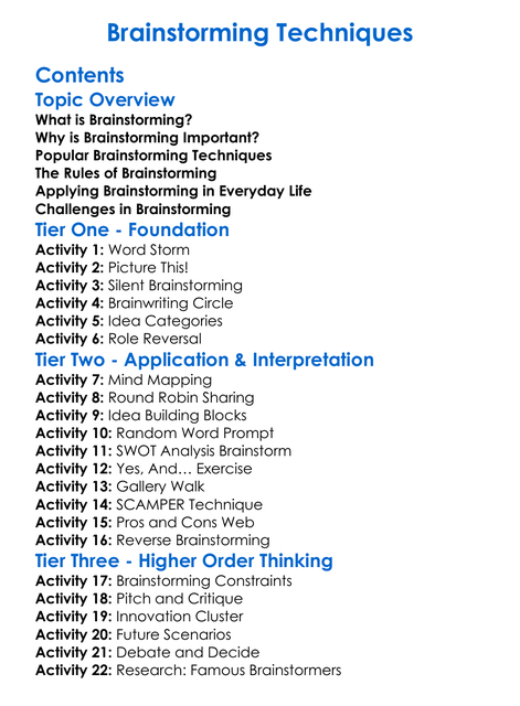 Brainstorming Techniques Worksheet Activity Booklet